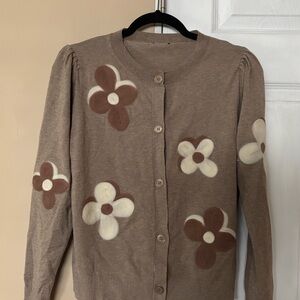 Floral Patterned Brown and Cream Women's Sweater